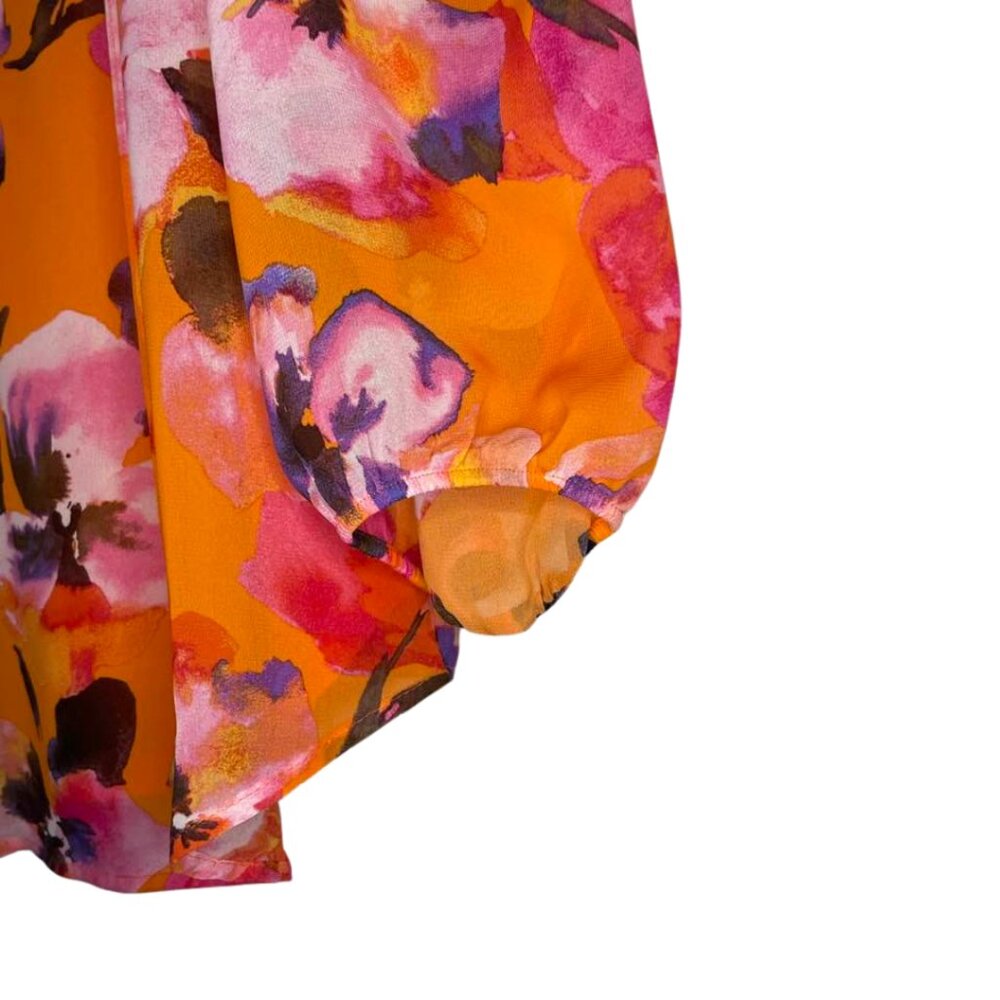 Bar III Vibrant Orange Floral Boho Tie Neck Peasant Blouse Size Medium - Picture 9 of 13